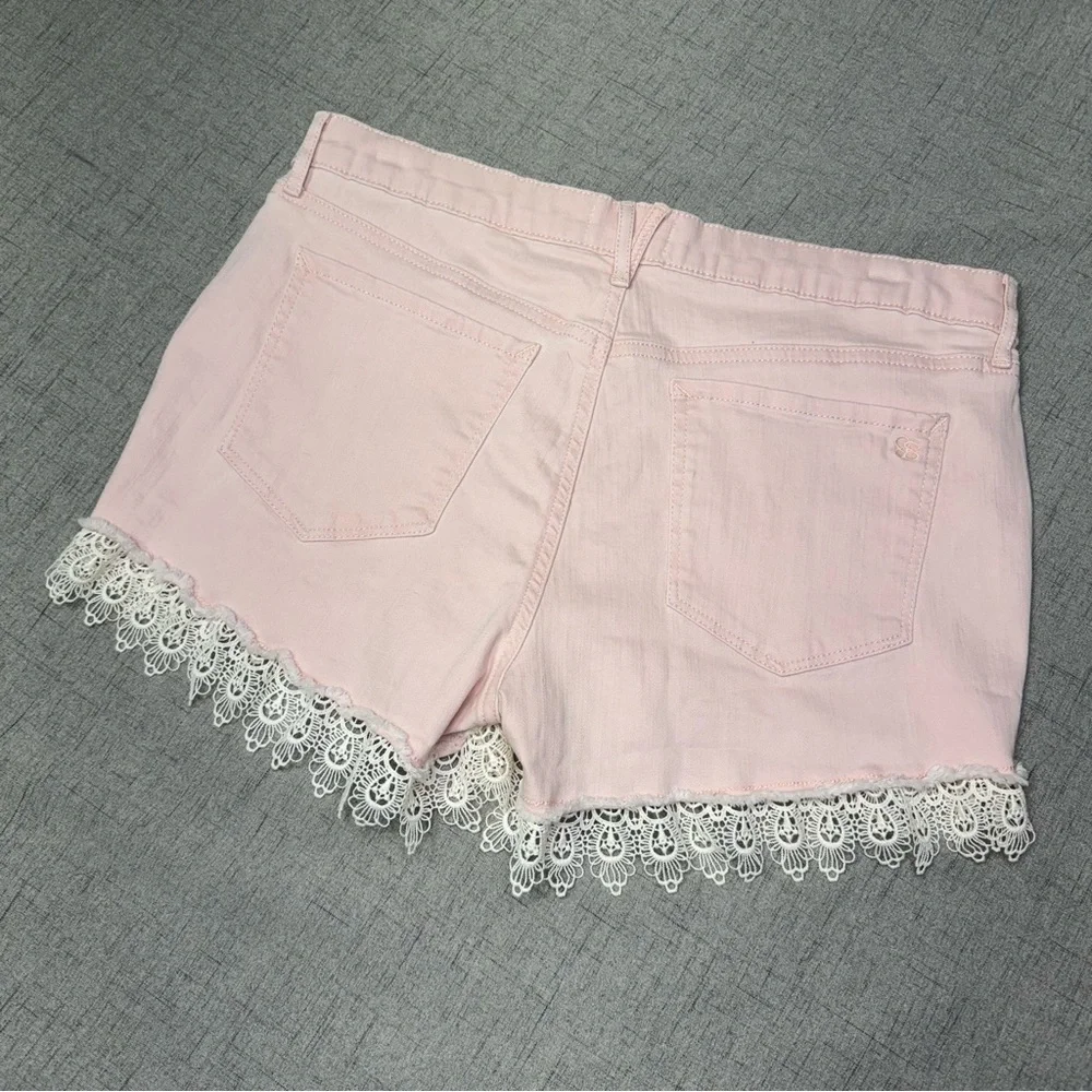 Jessica Simpson Pink Nomad Distressed Jean Shorts with Lace Crochet Trim 31